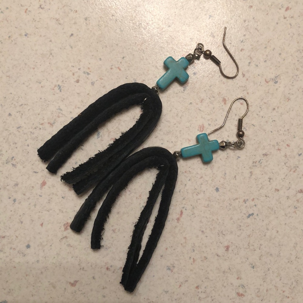Leather Turquoise Cross earrings